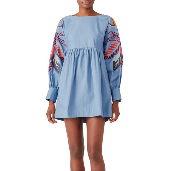 Free People Dresses & Skirts - Free People Mini Obsessions Blue Embroidered Floral Long Sleeve Dress size S